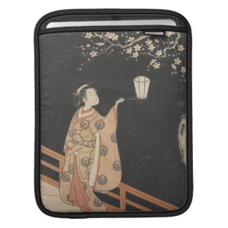 Young Woman Admiring Plum Blossoms at Night art iPad Sleeves