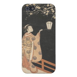 Young Woman Admiring Plum Blossoms at Night art iPhone 5/5S Case