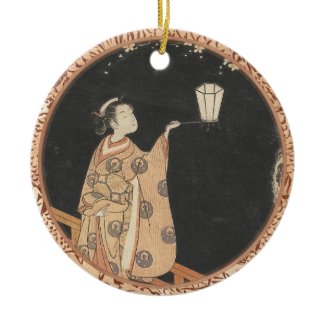 Young Woman Admiring Plum Blossoms at Night art Christmas Ornament