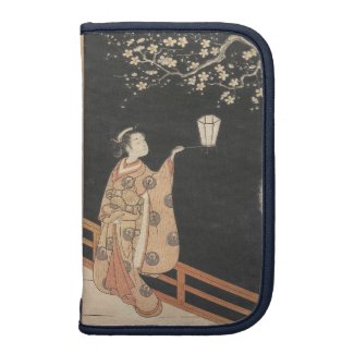 Young Woman Admiring Plum Blossoms at Night art Organizer