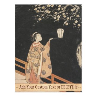 Young Woman Admiring Plum Blossoms at Night art Postcards