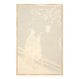 Young Woman Admiring Plum Blossoms at Night art Stationery Design