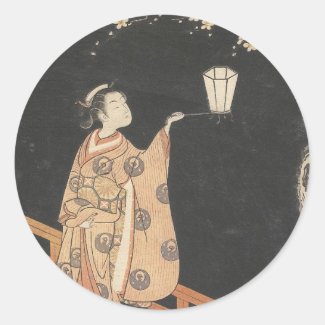 Young Woman Admiring Plum Blossoms at Night art Stickers
