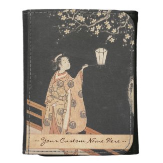 Young Woman Admiring Plum Blossoms at Night art Wallet