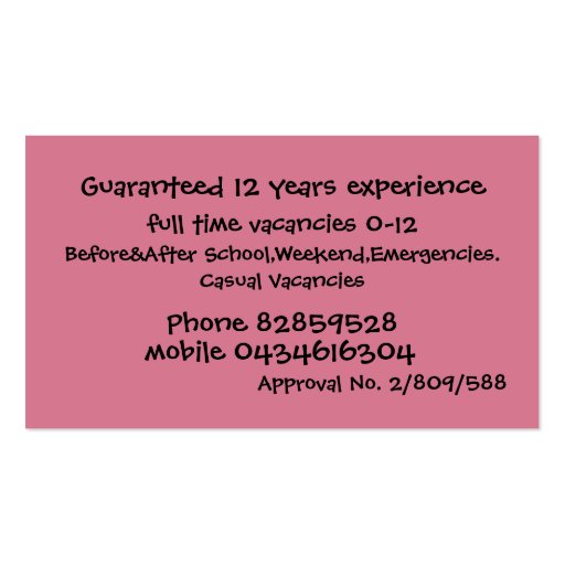 Your Family Daycare Business Card (back side)
