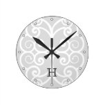 Your Letter. Black / White Swirl Monogram. Custom Round Wall Clocks