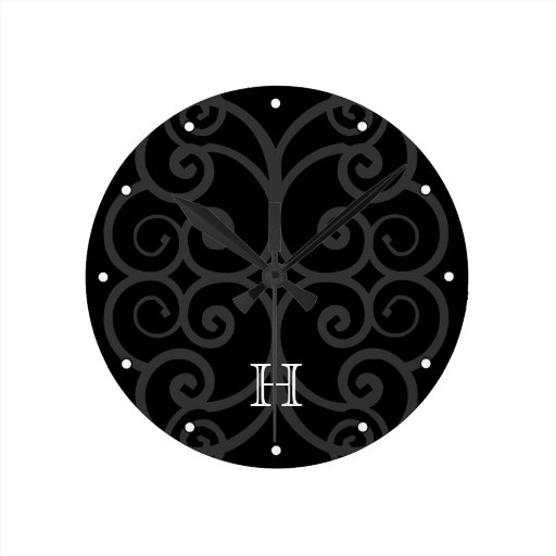 Your Letter. Black / White Swirl Monogram. Custom Round Wall Clock