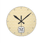 Your Letter. Custom Monogram. Beige Polka Dot. Round Wall Clocks