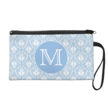 Your Letter, Monogram. Pale Blue Damask Pattern. Wristlet Purse