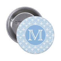 Your Letter, Monogram. Pale Blue Damask Pattern. Buttons