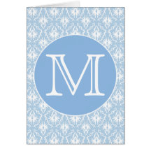 Your Letter, Monogram. Pale Blue Damask Pattern. Card