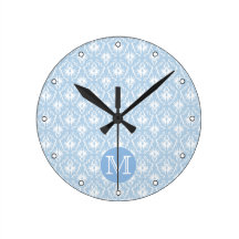 Your Letter, Monogram. Pale Blue Damask Pattern. Wall Clock