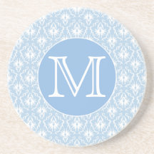 Your Letter, Monogram. Pale Blue Damask Pattern. Beverage Coasters