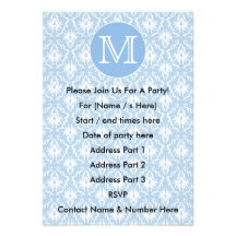 Your Letter, Monogram. Pale Blue Damask Pattern. Custom Invites