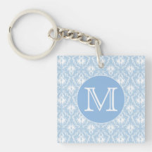 Your Letter, Monogram. Pale Blue Damask Pattern. Acrylic Keychains