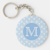 Your Letter, Monogram. Pale Blue Damask Pattern. Key Chains