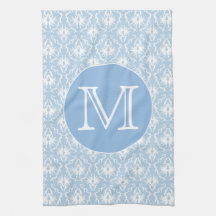 Your Letter, Monogram. Pale Blue Damask Pattern. Kitchen Towels