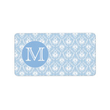 Your Letter, Monogram. Pale Blue Damask Pattern. Custom Address Labels
