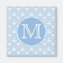 Your Letter, Monogram. Pale Blue Damask Pattern. Refrigerator Magnet