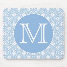 Your Letter, Monogram. Pale Blue Damask Pattern. Mouse Pads