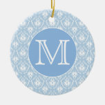 Your Letter, Monogram. Pale Blue Damask Pattern. Christmas Ornament