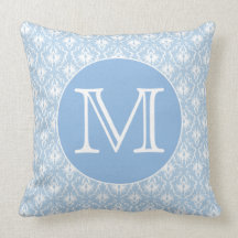 Your Letter, Monogram. Pale Blue Damask Pattern. Throw Pillow
