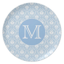 Your Letter, Monogram. Pale Blue Damask Pattern. Dinner Plates