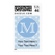 Your Letter, Monogram. Pale Blue Damask Pattern. Stamp
