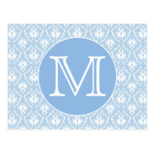 Your Letter, Monogram. Pale Blue Damask Pattern. Postcard