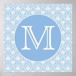 Your Letter, Monogram. Pale Blue Damask Pattern. Print