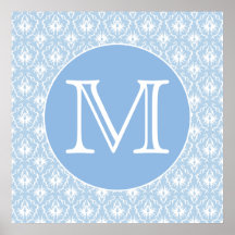 Your Letter, Monogram. Pale Blue Damask Pattern. Print