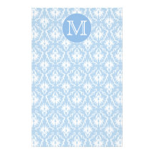 Your Letter, Monogram. Pale Blue Damask Pattern. Stationery