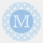 Your Letter, Monogram. Pale Blue Damask Pattern. Stickers