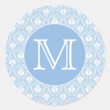 Your Letter, Monogram. Pale Blue Damask Pattern. Stickers