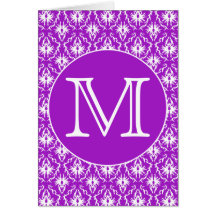 Your Letter. Purple and White Damask Pattern. Cards