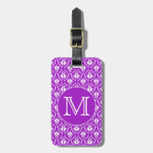 Your Letter. Purple and White Damask Pattern. Travel Bag Tag