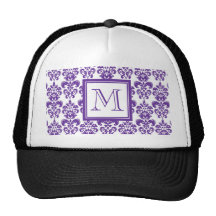 Your Monogram, Dark Purple Damask Pattern 2 Mesh Hats