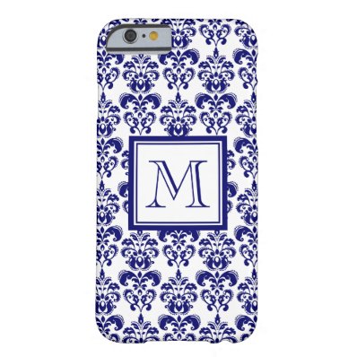 Your Monogram, Navy Blue Damask Pattern 2 Barely There iPhone 6 Case