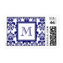 Your Monogram, Navy Blue Damask Pattern 2 Stamps