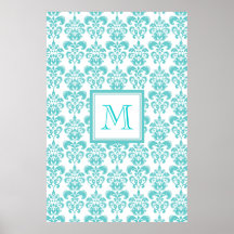Your Monogram, Teal Damask Pattern 2 Print