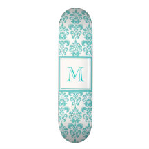 Your Monogram, Teal Damask Pattern 2 Skateboards
