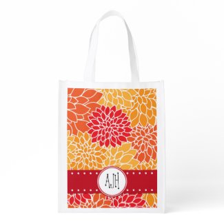 Your Name - Blooming Dahlia Flowers - Orange Red Reusable Grocery Bags