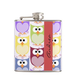Your Name - Colorful Owls - Green Blue Purple Hip Flasks