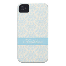 "Your name" damask light blue & cream iphone4 case iPhone 4 Case-Mate Case