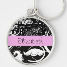 Your Name Damask Swirls Flowers Black White Pink Key Chain