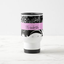 Your Name Damask Swirls Flowers Black White Pink Coffee Mugs