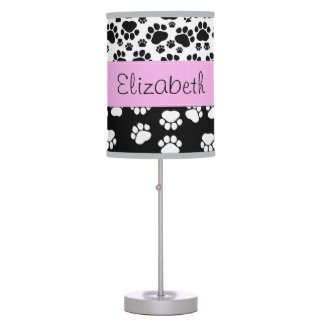 Your Name - Dog Paws, Trails - White Black Pink Desk Lamp