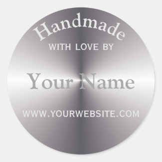 Your Name Handmade By Round Sticker Silver Metal