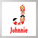Your Name Here! Custom Letter J Teddy Bear Santas Print