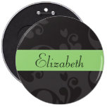 Your Name Renaissance Damask Gray, Black, Green Pinback Buttons